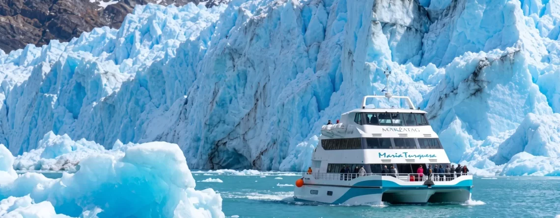 Catamarán navegando entre témpanos frente a los glaciares de El Calafate en el Lago Argentino