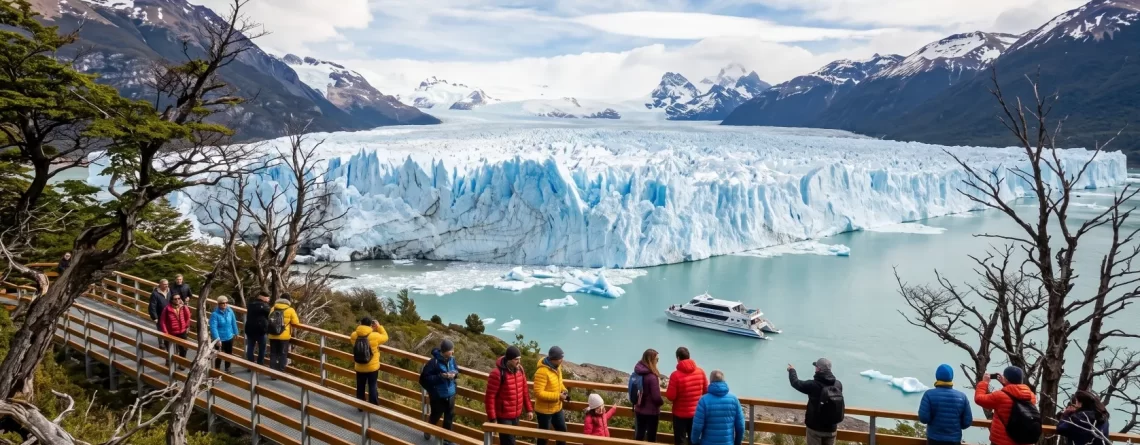 Vista panorámica de las pasarelas y embarcación frente al hielo para elegir cuál es la mejor excursión para visitar el Glaciar Perito Moreno en El Calafate