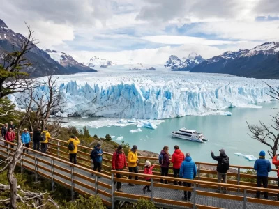 Vista panorámica de las pasarelas y embarcación frente al hielo para elegir cuál es la mejor excursión para visitar el Glaciar Perito Moreno en El Calafate